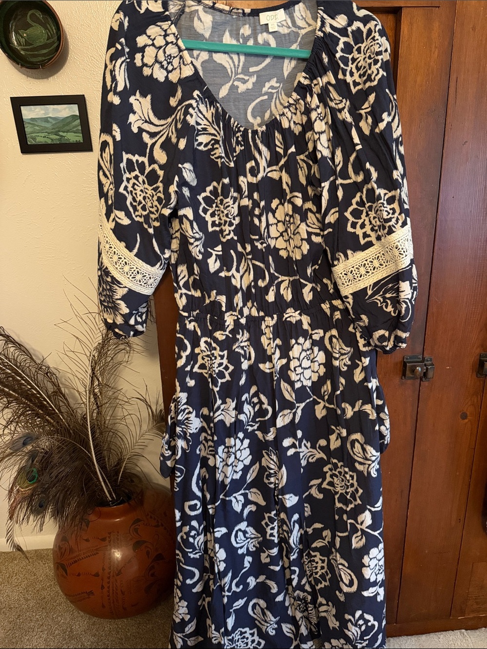 Navy Floral Maxi Dress with Cream Print and Lace Trim